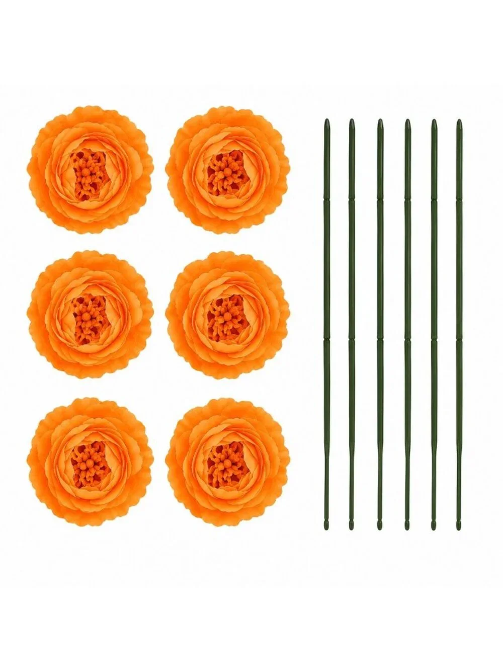 Orange Artificial Peony Ranunculus Flowers Set of 6 with 7 Inch Wire Stems Wreat
